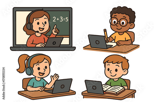 Online learning vector set with diverse students and a teacher in a virtual class. Kids reading, writing, and doing math. Remote school, e-learning, homeschooling cartoon.