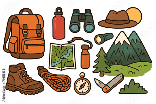 Set of outdoor adventure essentials for hiking, trekking and camping. Vector cartoon illustration of mountain exploration equipment like backpack, map, compass, boots and rope.