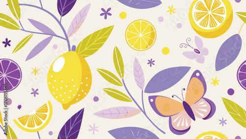 Cheerful botanical pattern with lemon,purple slices,butterflies and leaves for fashion prints and decorative elements featuring fresh summer fruit
