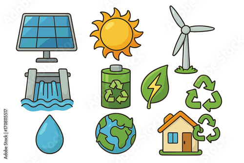 Set of clean energy icons. Eco friendly and sustainable power generation. Vector cartoon symbols for solar, wind, water, and recycling. Green technology and environment concept.