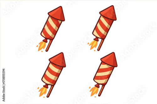 Firework rocket vector icon set. Cartoon graphic for party celebration. Symbol for New Year, 4th of July. Red striped pyrotechnic petard launch with fire. Flat design.