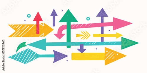 Colorful arrows pointing in different directions illustration vector graphic business direction concept hand drawn style