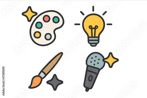 Creative arts and hobbies icon set. Vector symbols for painting, ideas, singing, expression. Palette, paintbrush, lightbulb, microphone. Minimalist flat cartoon illustration.
