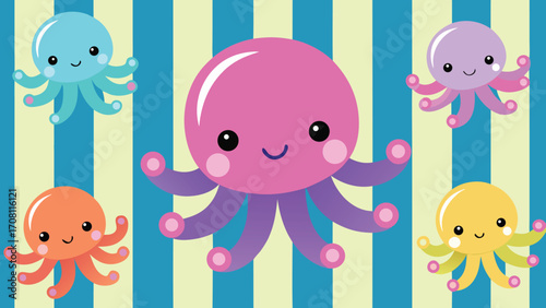 Colorful cartoon octopuses on striped background aquatic sea life themed vector illustration cheerful marine animals kids design underwater creatures