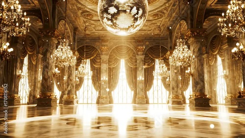 Grand Ballroom Interior With Golden Accents Ornate Details And Shimmering Light Fixtures Creating a Luxurious and