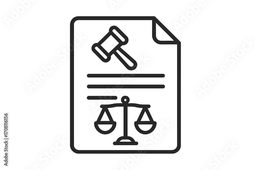 Law and justice icon with gavel and scales on a legal document. Concept of legislation, regulation, and verdict. Court judgment or contract policy symbol. Linear vector illustration.