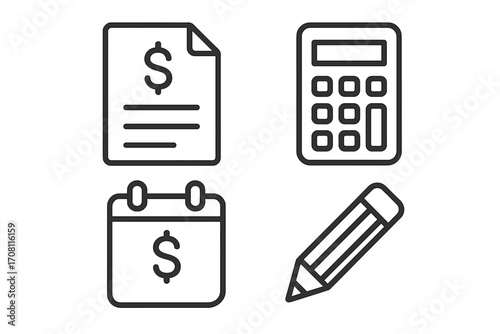 Tax preparation icon set. Finance, accounting, bookkeeping line icons. Vector collection for financial planning, tax return, audit, budget, payment deadline, report.
