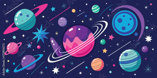 Colorful cartoon planets and stars in space galaxy background graphic design elements space exploration astronomy education vector illustration