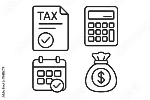 Tax preparation icon set. Financial icons for tax season. Tax declaration, calculation, payment deadline, money concepts. Linear vector symbols for accounting and business finance.