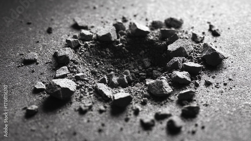 Crushed Black Stones In Circular Shape On Dark Gray Surface