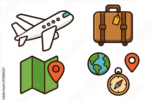 Travel icon set vector cartoon illustration. Airplane, suitcase, map, compass, globe for adventure planning, vacation booking, and tourism design elements. Flat outline symbols.