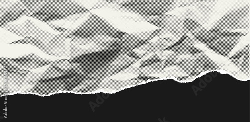 Torn paper background with halftone effect. Horizontal piece of crumpled halftone paper with ripped edge and space for text. Template for posters, banners and overlays. Vector.