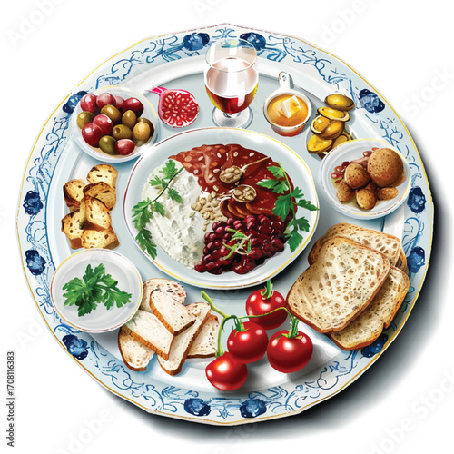 Realistic Passover seder plate with symbolic foods, white background .
