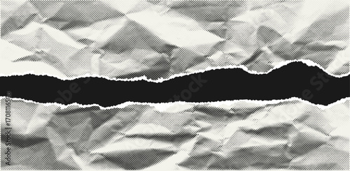 Torn paper background with halftone effect. Horizontal pieces of crumpled halftone paper with ripped edges and space for text. Template for posters, banners and overlays. Vector.