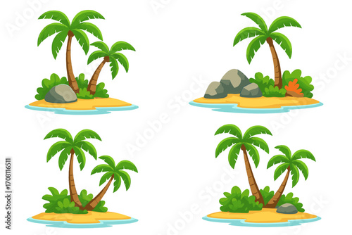 Set of tropical island with palm trees cartoon vector illustration. Exotic summer paradise landscape. Sandy beach for vacation travel design element. Seascape nature scene.