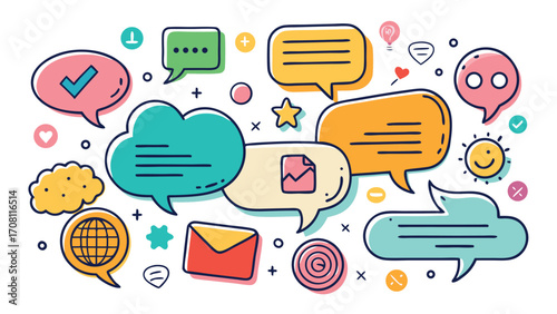 Colorful doodle speech bubbles vector design for social media communication and digital engagement featuring various icons and graphic elements