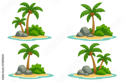 Cartoon tropical island set with palm trees, sand, and rocks. Vector illustration of exotic paradise beach scenes. Summer vacation nature travel element collection on white.