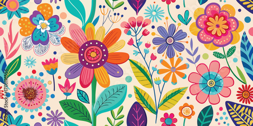 Colorful floral pattern design featuring vivid flowers and leaves against a light background,ideal for decorative and artistic applications