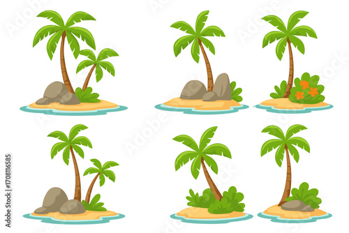 Set of cartoon tropical islands with palm trees. Vector illustration of exotic paradise beach isles with sand, rocks, and water. Summer vacation clip art collection.