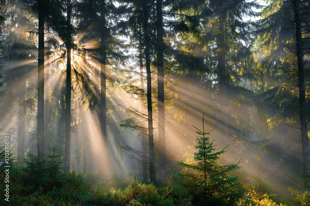 Obraz premium Sunbeams illuminate a misty forest tall trees stand tall young trees sprout below