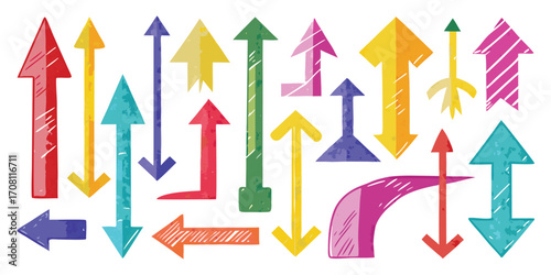 Colorful hand drawn arrows in various directions with textured details a variety of different styles pointing in various directions for creative design