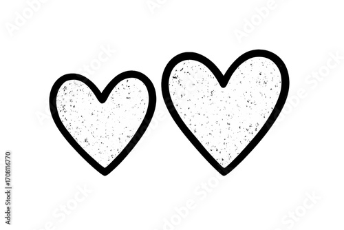 Two textured hearts symbol of love and connection. Minimalist black and white design icon. Grunge romance vector illustration for Valentines Day. Simple doodle for relationships.