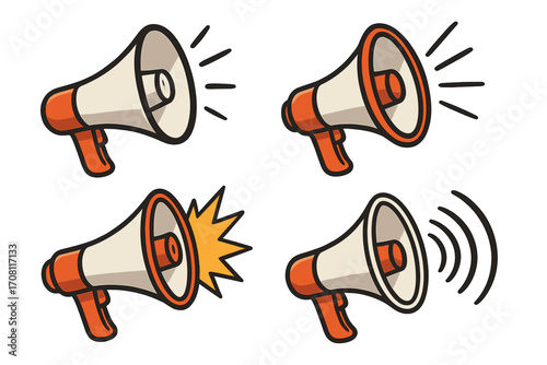 Megaphone vector icon set for communication, announcement and protest. Loudspeaker illustration for marketing, advertising and alerts. Loud sound, voice and speech symbol.