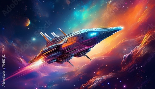 Wallpaper Mural vibrant spaceship flying through colorful nebula galaxy space futuristic Torontodigital.ca