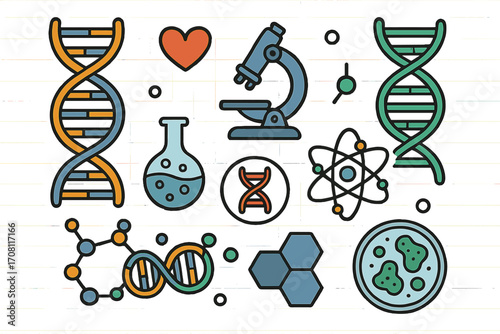 Science and medicine icon pack. DNA, genetics, chemistry, biology concepts. Vector icons of microscope, atom, molecule, petri dish for lab research or education.
