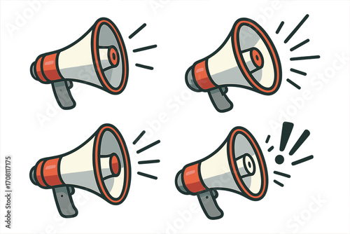 Megaphone vector icon set. Loudspeaker symbol for announcement, communication, and protest. Bullhorn illustration for marketing, alerts, and news. Loud sound cartoon graphic.