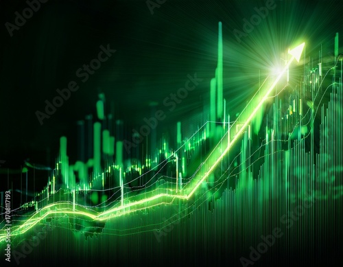 a green stock market graph is going up on a dark background with glowing light effects in high resolution