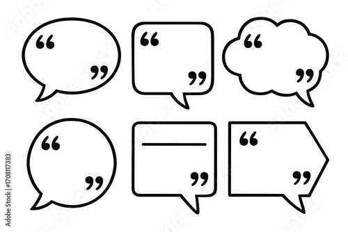 Speech bubble set with quotation marks. Various shapes for dialogue and communication. Blank comic textbox for comments and messages. Vector line art quote icon collection.