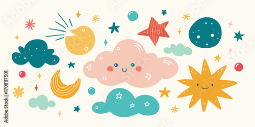 Cute celestial elements vector illustration with smiling clouds moon star sun planet and decorative shapes whimsical sky graphics for children