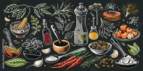 Culinary still life with spices herbs and oils on dark background representing cooking ingredients and flavor enhancers creating culinary visuals