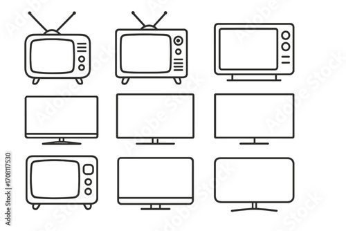 Television icon set showing classic and modern designs. Vector line art collection of retro tube TV with antenna and flat screen monitor. Technology evolution concept illustration.