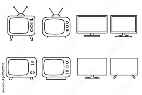 Television evolution icon set. Classic retro tube TV and modern flat screen monitor. Technology progress concept. Old and new display device outline vector illustration.