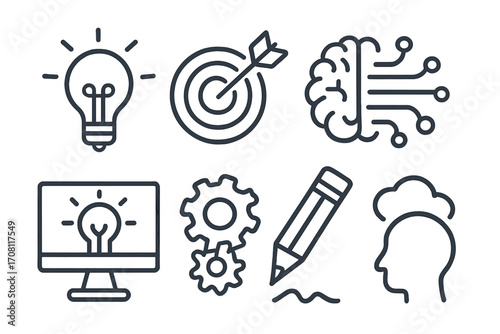 Innovation and creativity icon set. Symbols for idea, brainstorming, technology, and strategy. Lightbulb, AI brain, target, gear, and pencil icons for creative process.