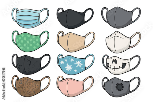 Face mask collection vector cartoon illustration. Set of various medical, cloth, and patterned face coverings for protection from virus, dust, and pollution. Safety equipment.