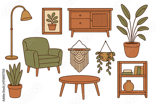 Cozy home decor set with retro furniture and house plants. Vector illustration collection of vintage interior elements. Mid-century modern armchair, table, lamp and macrame.