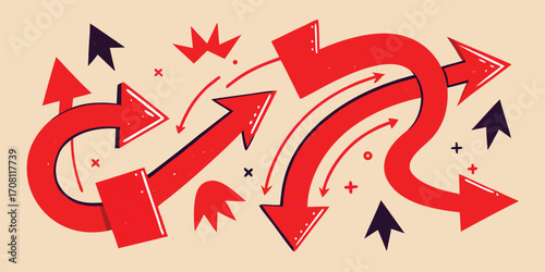 Directional arrows background with chaotic movement and hand drawn texture vector illustration for website templates and marketing materials design