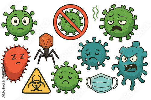 Virus character set. Cartoon germ, bacteria, microbe illustration collection. Coronavirus flu mascot. Sad, angry monster. Biohazard, protection mask, stop sign vector.