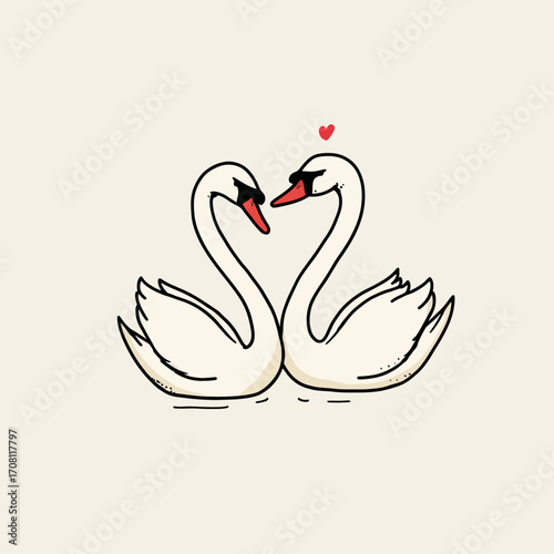 A simple and elegant line art illustration of two swans forming a heart, a timeless and romantic symbol of love, unity, and partnership for wedding designs.
