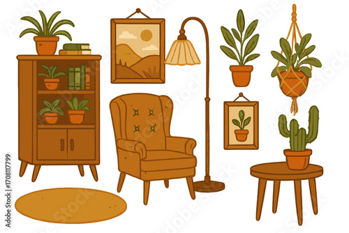 Cozy home decor set. Vintage furniture and house plants collection. Retro living room interior elements. Armchair, bookshelf, lamp, cactus. Vector cartoon clipart illustration.