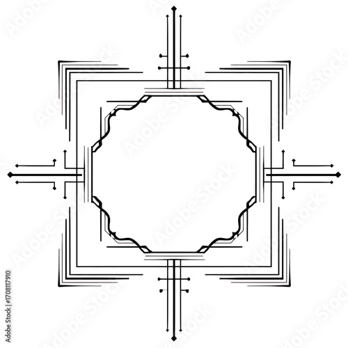 A futuristic and complex geometric frame with intricate lines and a central octagonal shape, a modern and technical black and white border for digital designs.
