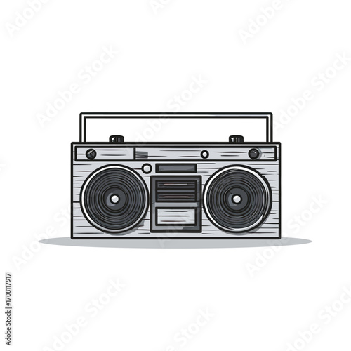 A cool and classic retro boombox in a detailed black and white line art illustration, a powerful symbol of 80s and 90s hip hop culture, music, and nostalgia.
