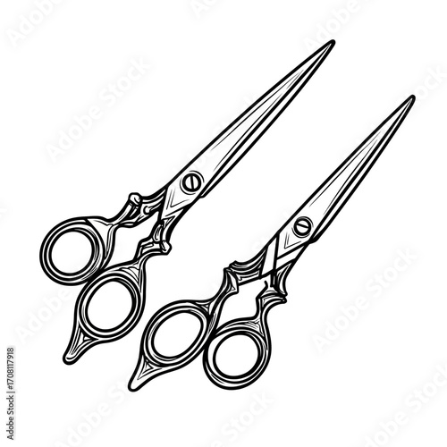 A detailed black and white illustration of two pairs of ornate, professional hairdressing scissors, a classic and stylish icon for a barber shop or hair salon.

