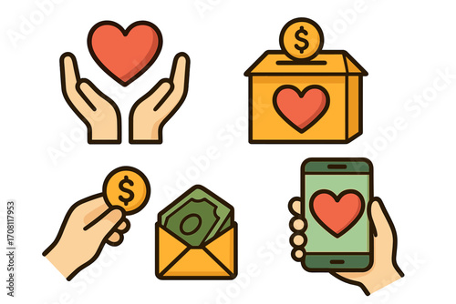 Charity and donation icon set. Vector illustration of giving money, love, and support. Concepts for fundraising, volunteering, financial help, and online donations.