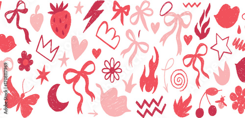 Seamless Girl Pattern Vector with Hearts Flowers Stars and Cute Doodle Y2K Pink Background