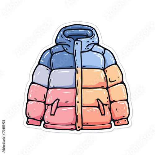 A cute and cozy sticker-style illustration of a color-block puffer jacket in soft pastel colors, a trendy and stylish piece of winter outerwear fashion.
