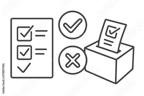 Election and voting line icon set. Ballot box, checklist, and vote choice symbols. Political campaign, survey, or referendum concept. Yes and no decision check marks.